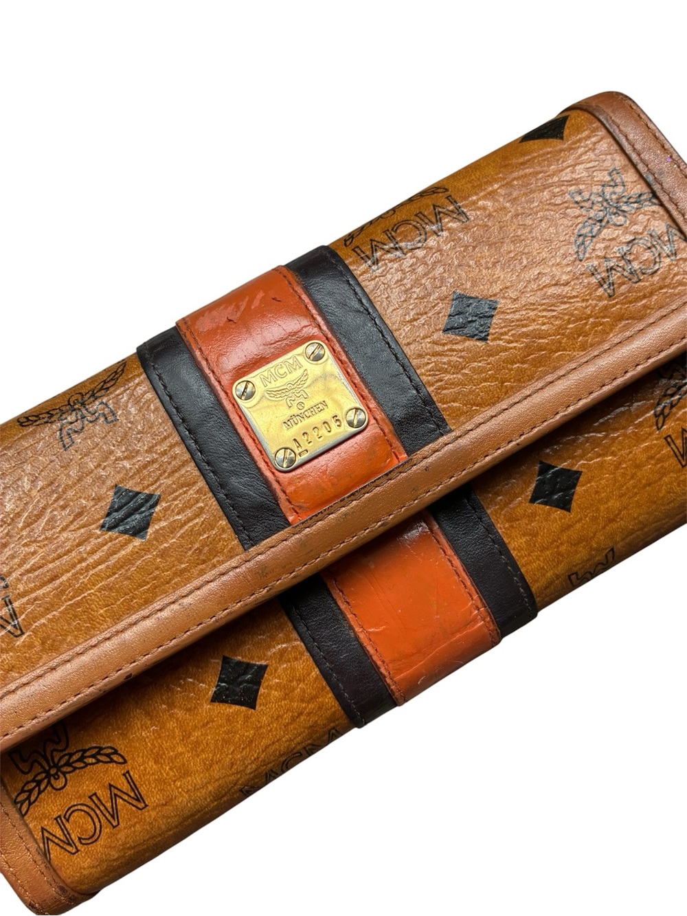 MCM Cognac Visetos Wallet with Orange and Black Trim